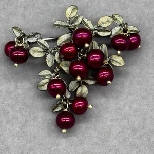 Vintage Michael Michaud Bronze Color Leaf Red Cranberry Pearls Brooch 2" Signed